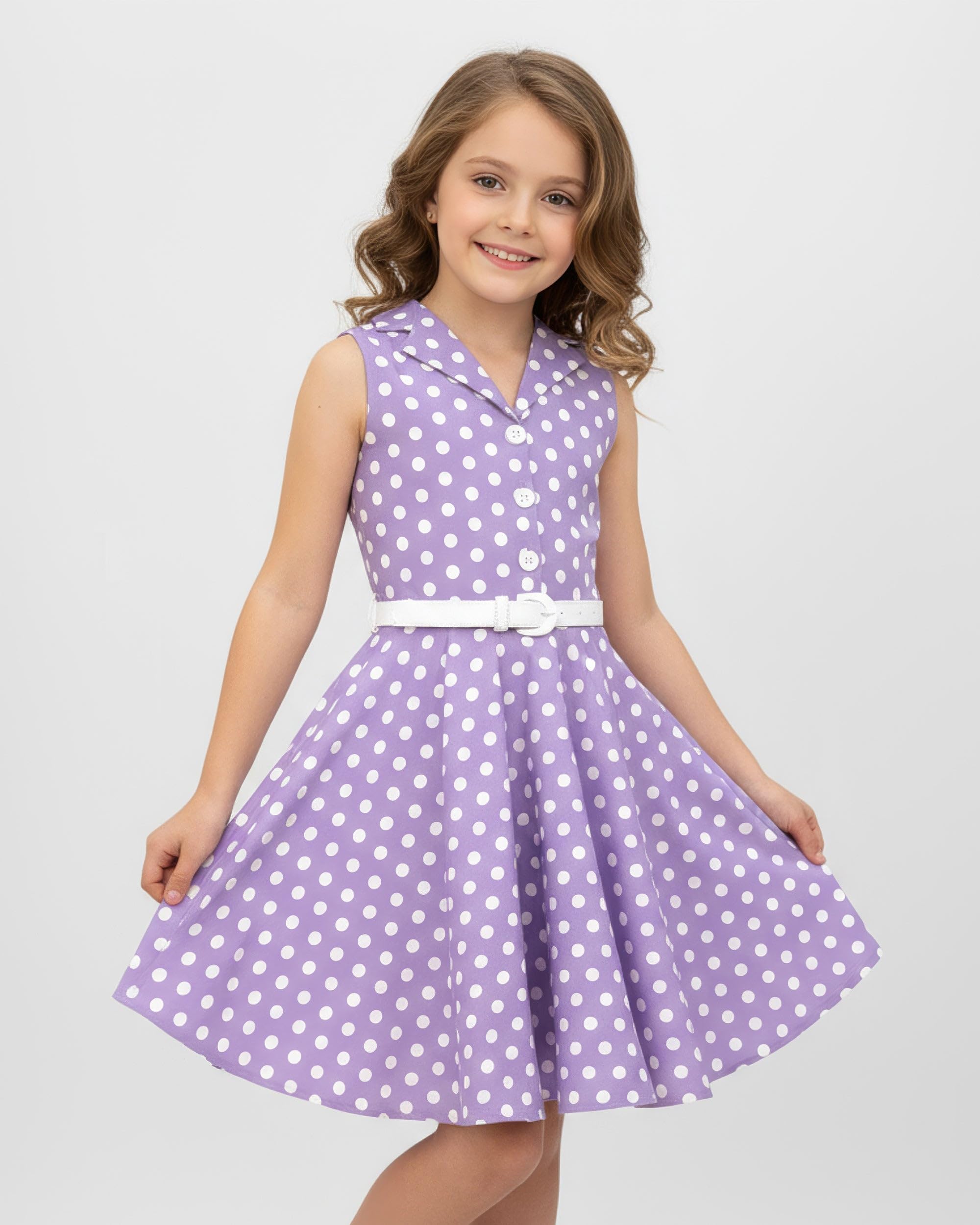 BlackButterfly Vestito Bambina Holly a Pois | Gonna a Ruota, Senza Maniche, Colletto Classico, Abbottonatura, Foderato, Cintura Removibile, 3-14 Anni