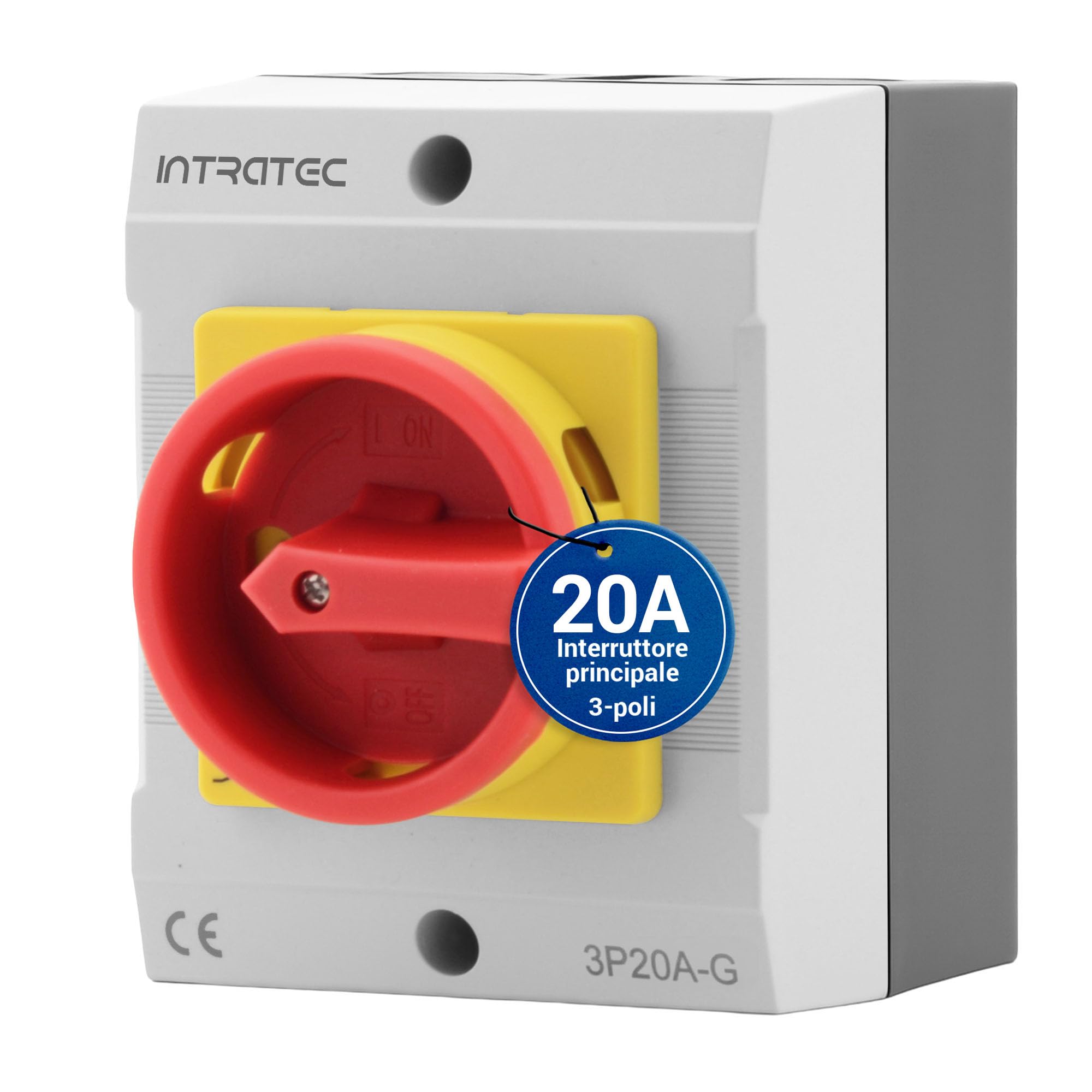 Intratec Interruttore principale 20A 3 poli – Sezionatore IP65 con custodia in plastica – Interruttore da parete per uso industriale – Commutatore rotativo robusto 230/400V