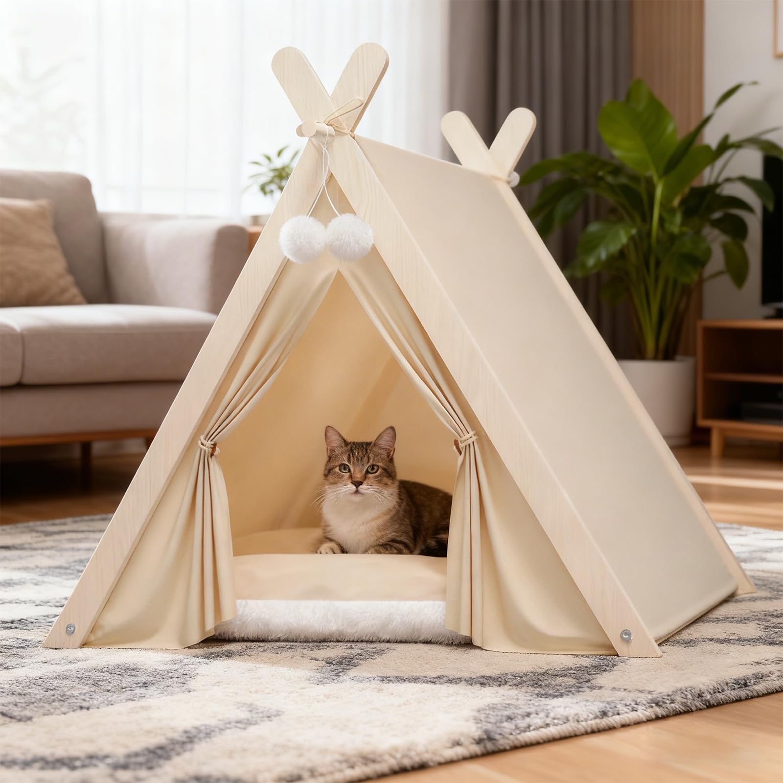 PETCUTE Haustier-Tipi Zelt für Katzen, Kätzchen und kleine Hunde, faltbares Hundezelt mit dreieckigem Holzrahmen und abnehmbarem, waschbarem Kissen, gemütlicher Katzenzelt für Indoor Outdoor,Beige