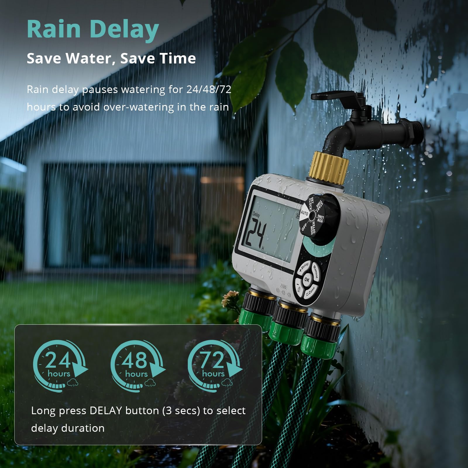 QUOBAS Timer per irrigatore per tubo da giardino, programmabile in ottone, timer digitale dell'acqua con blocco bambini, ritardo pioggia/auto/manuale, 3 modalità, grande schermo impermeabile