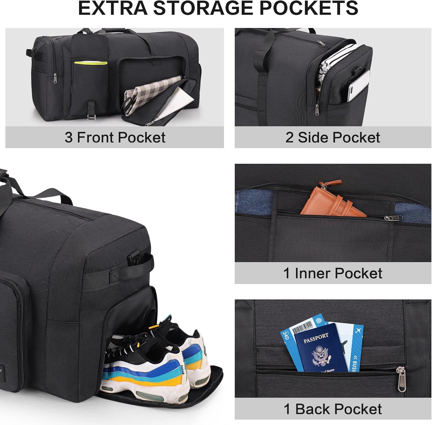 YOUNGOA 120L Borsone da Viaggio Pieghevole per Uomo e Donna, Grande Borsa Palestra con Scomparto per Scarpe, Borsa Sportiva Leggera e Impermeabile, Nero