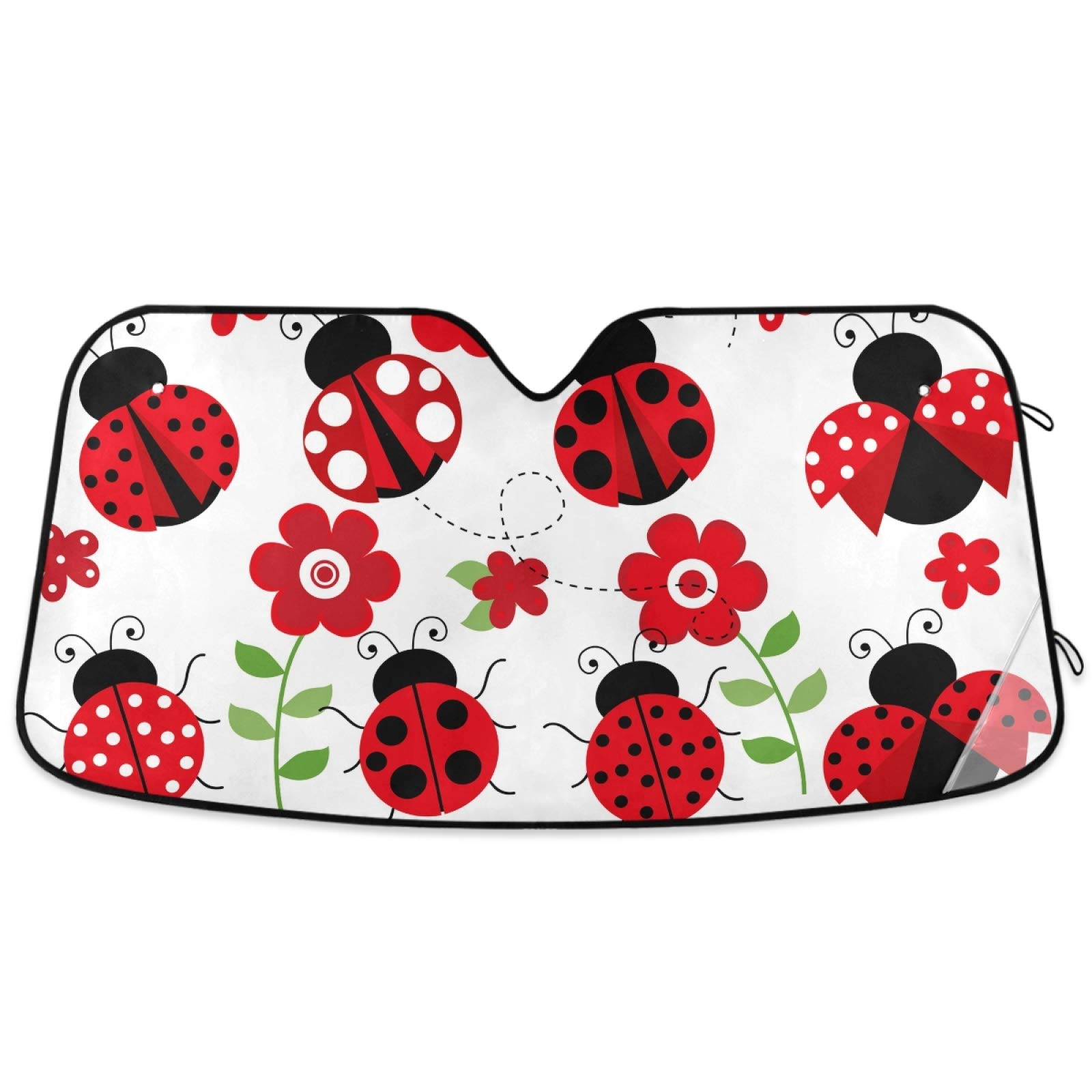 Oarencol Ladybugs Flower Car Windshield Sun Shade Red Scarab Foldable UV Ray Sun Visor Protector Sunshade to Keep Your Vehicle Cool (55" x 27.6")