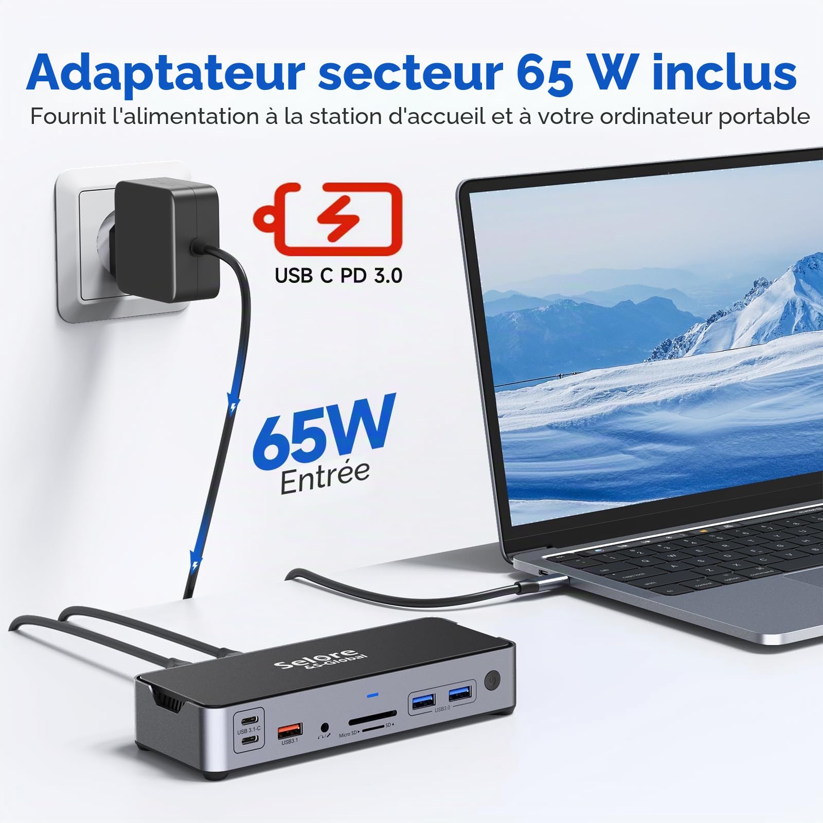 Station d'accueil USB C avec bloc d'alimentation 65 W - Double écran - Station d'accueil pour ordinateur portable - Triple écran avec 2 HDMI, DisplayPort Dock 10 Gbps USB 3.1 A/C, USB3.0, USB2.0, RJ45