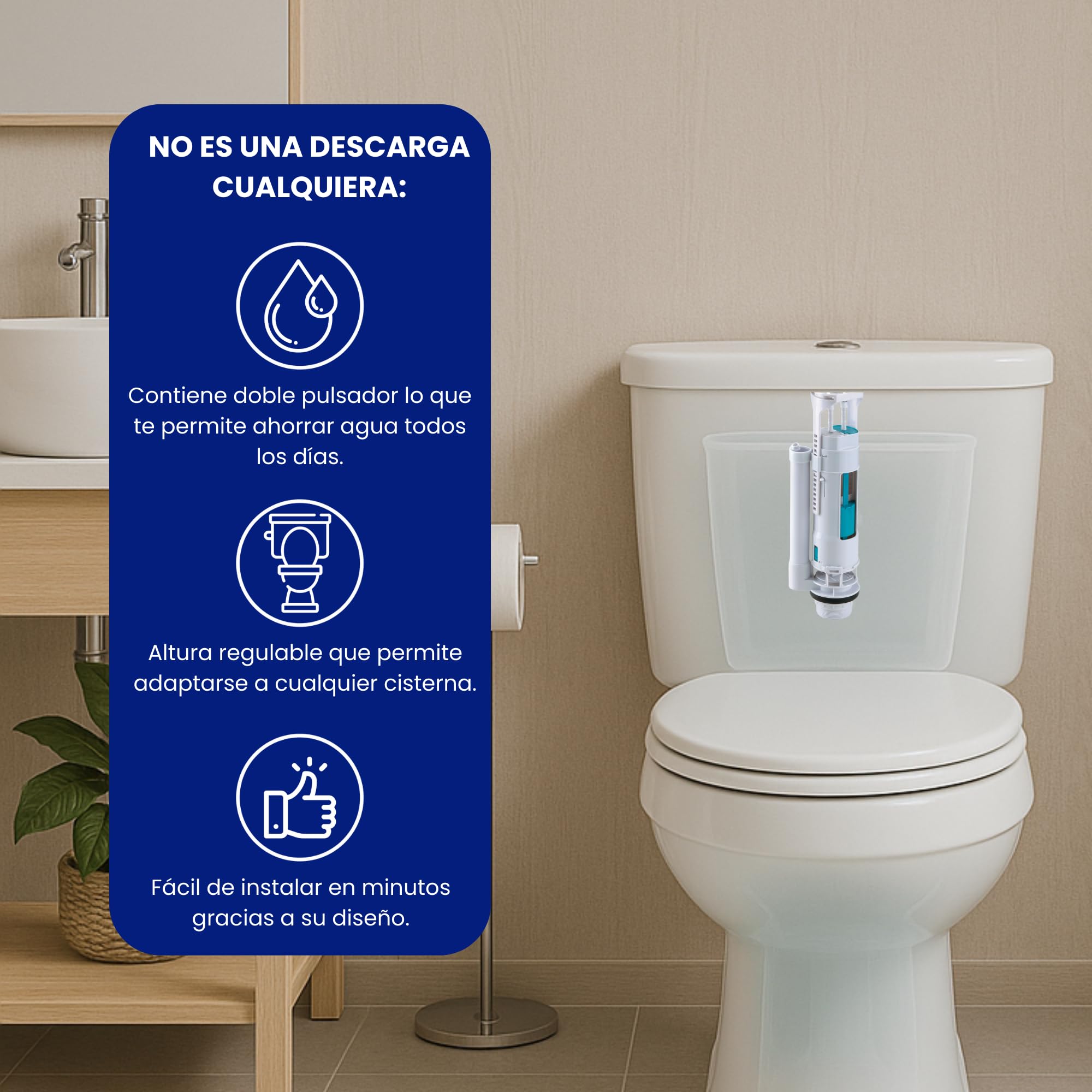 BriTools Descarga Universal para Cisterna WC Orificio 60 mm y Altura Ajustable | Compatible con Inodoros Roca y Estándar – Pulsador Doble, Fácil Instalación y Ahorro de Agua