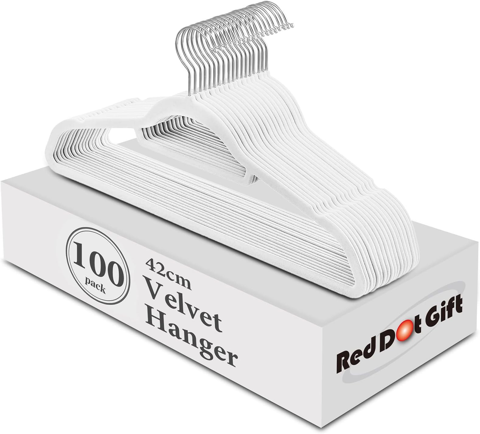 Red Dot Gift® 100-Pack White Non-Slip Velvet Hangers 42cm With 360 Degree Rotatable Hook - Durable & Slim - Non Slip Hangers for Coat Hangers - Pant Hangers…(White, 100 pack)