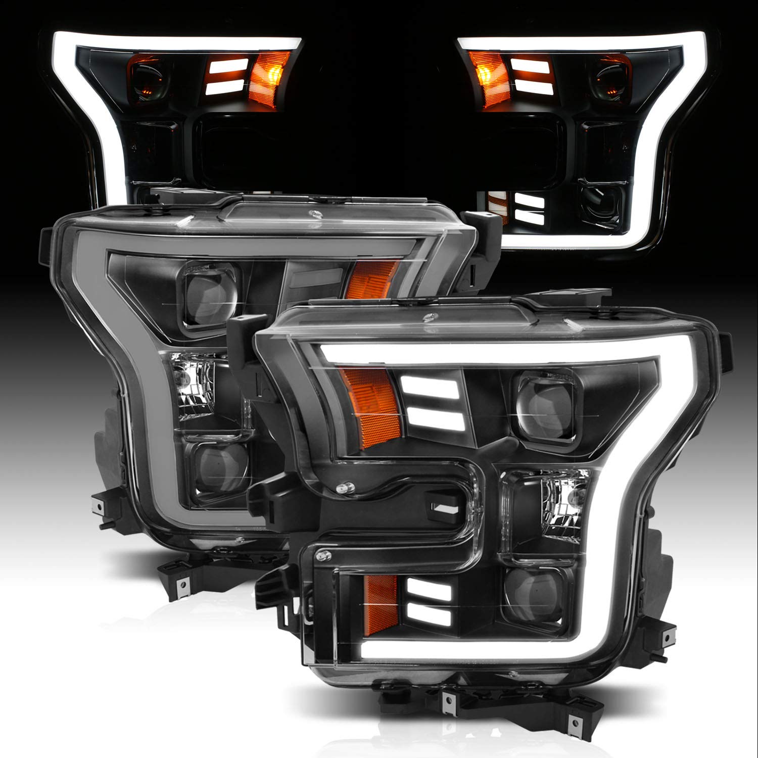 AmeriLite For 2015-2017 Ford F150 Pickup [Halogen Type] Black LED Tube Parking Light Bar Dual Square Projector Headlights Set - Driver and Passenger Side