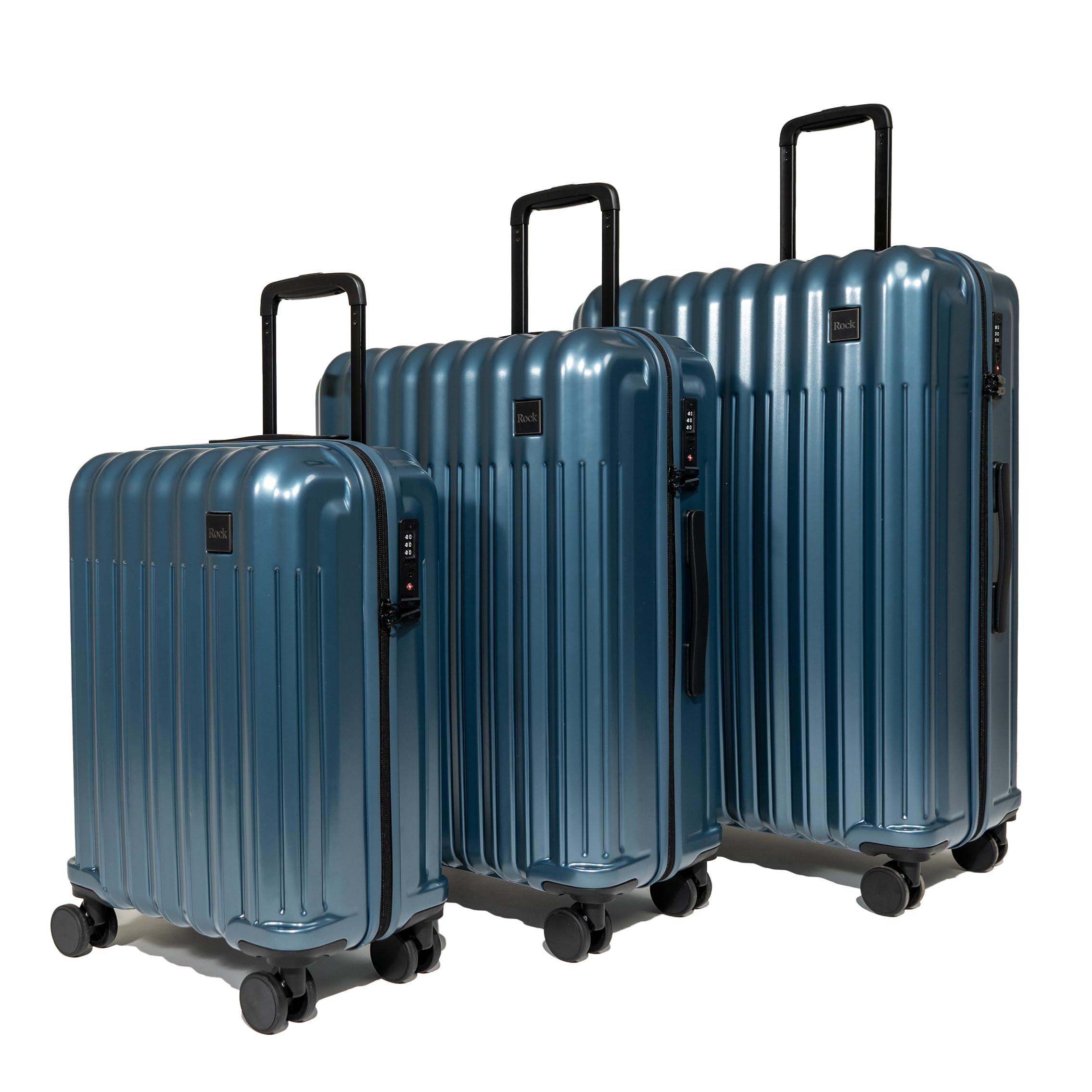 Rock Luna - Maleta pequeña de carcasa rígida en color azul, funda ligera y duradera de ABS con cerradura TSA, 8 ruedas giratorias y mango telescópico, equipaje a cuadros metálico plateado, 54,5 x 37,5