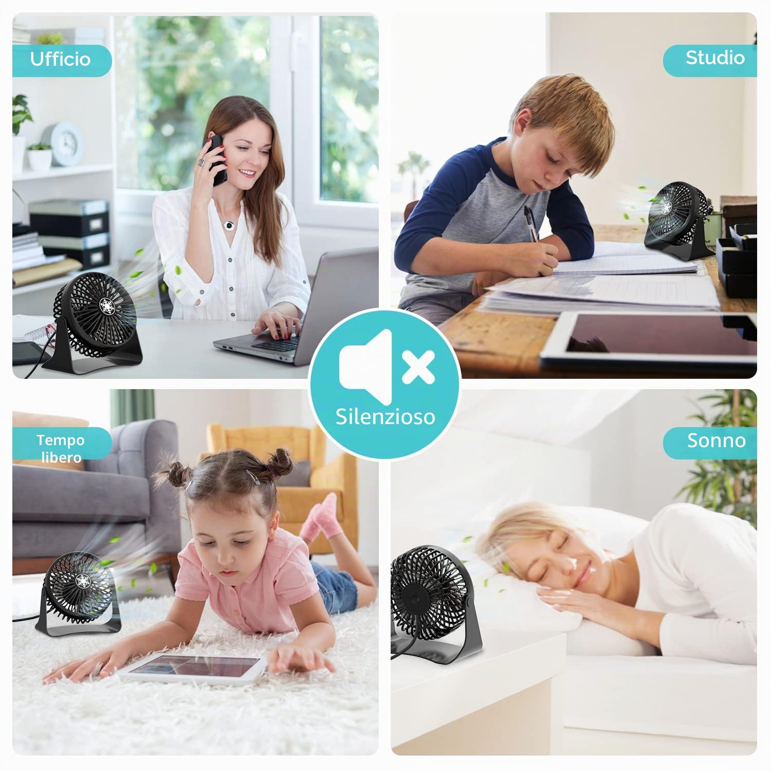 OUILA Ventilatore USB, Mini Ventilatore Portatile, 3 Velocità Regolabile & Ventilatore Silenzioso, Copertura Rimovibile Della Ventola, Alimentazione USB, Adatto per Desktop, Auto, Ufficio, Casa, Viagg