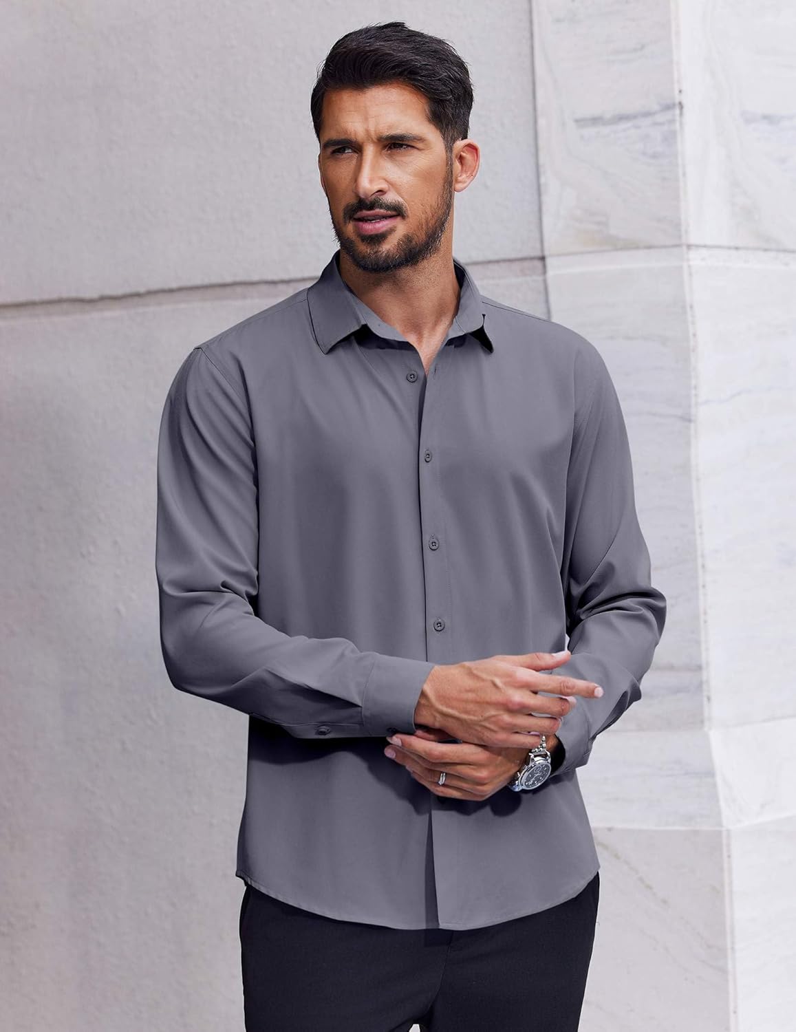COOFANDY Muscle Fit Dress Shirt Long Sleeve Stretch Solid Business Wedding Casual Button Down Shirts Dark Grey - Image 5