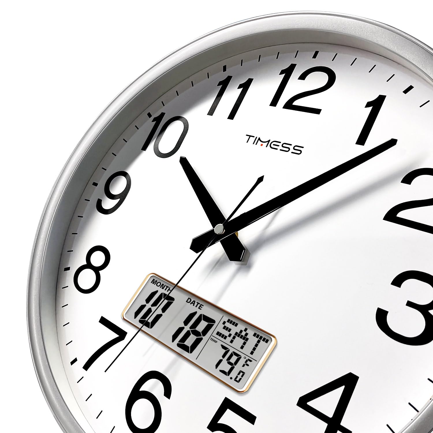 TIMESS Reloj de pared, 40,6 cm, silencioso, funciona con pilas, cuarzo analógico con pantalla LCD para calendario perpetuo y temperatura F, ideal para el hogar, dormitorio, cocina, oficina (plateado)