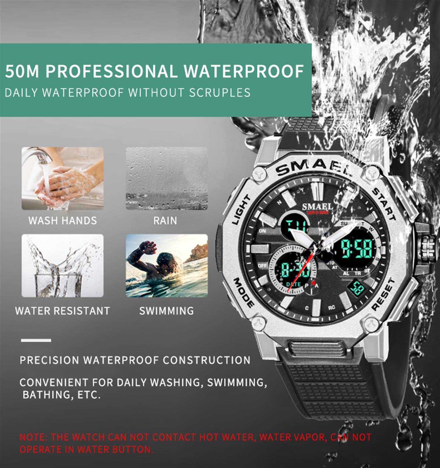 Montre Sport Homme Digital Numérique Étanche À 5ATM avec Chronographe Alarme LED Eclairage avec Compte À Lumineux/Minuterie