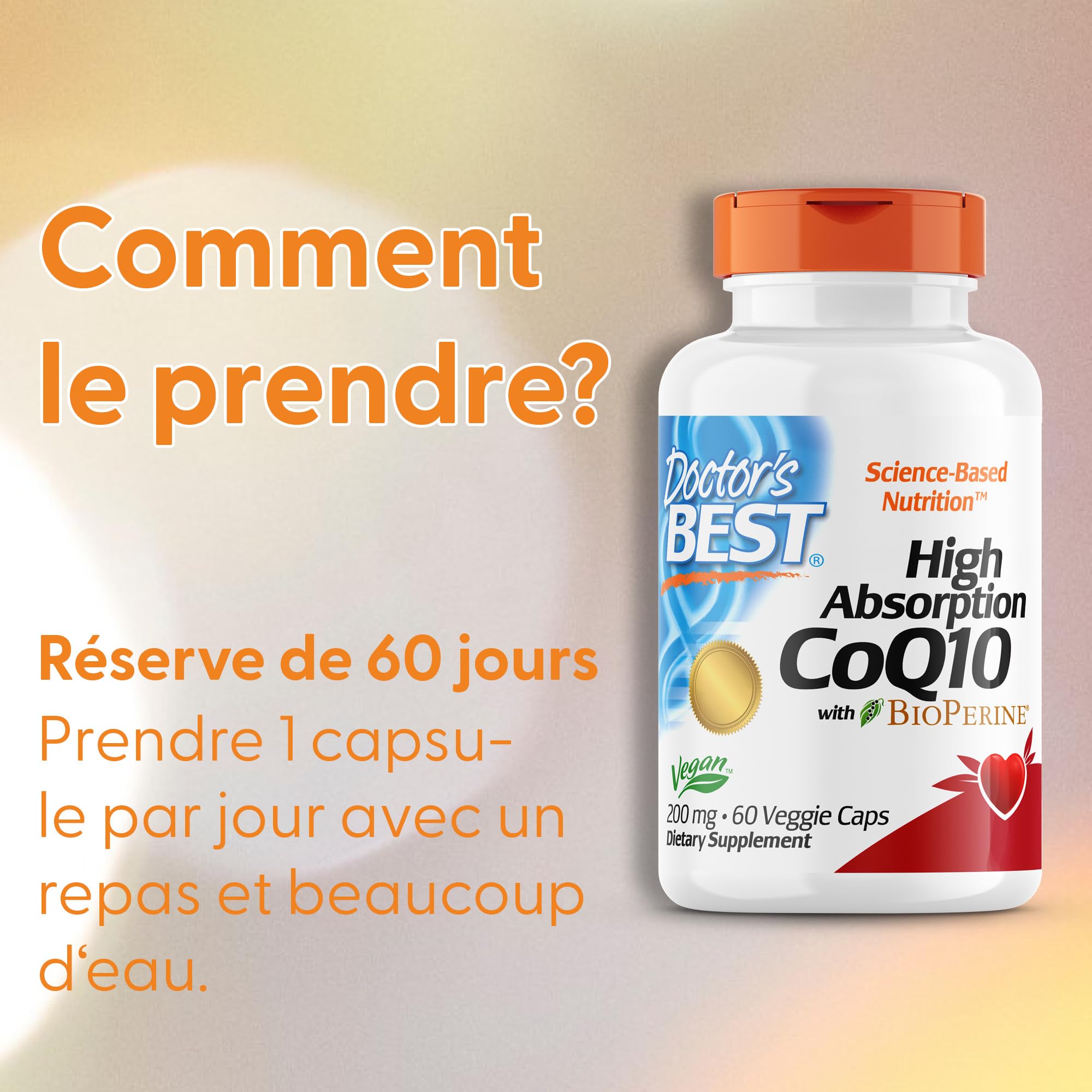 Doctor's Best, High Absorption CoQ10 avec BioPerine, 200mg, 60 Capsules végétaliennes, Testé en laboratoire, Sans Gluten, Sans Soja, Végétarien