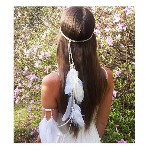 Campsis Diadema de plumas blancas indias hippie cuerda de cáñamo diadema bohemia de pavo real para mujeres y niñas
