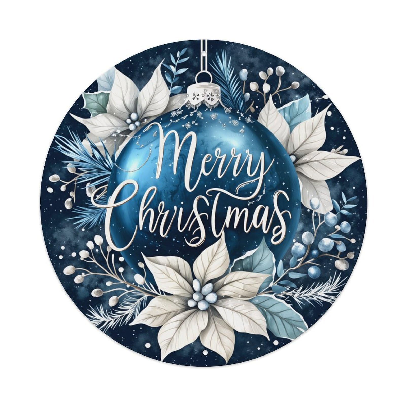 Merry Christmas Ornament Floral Design Round Tin Sign Vintage Metal Poster, Home Bar Garage Man Cave Cafe Indoor & Outdoor Wall Decoration 8x8Inches