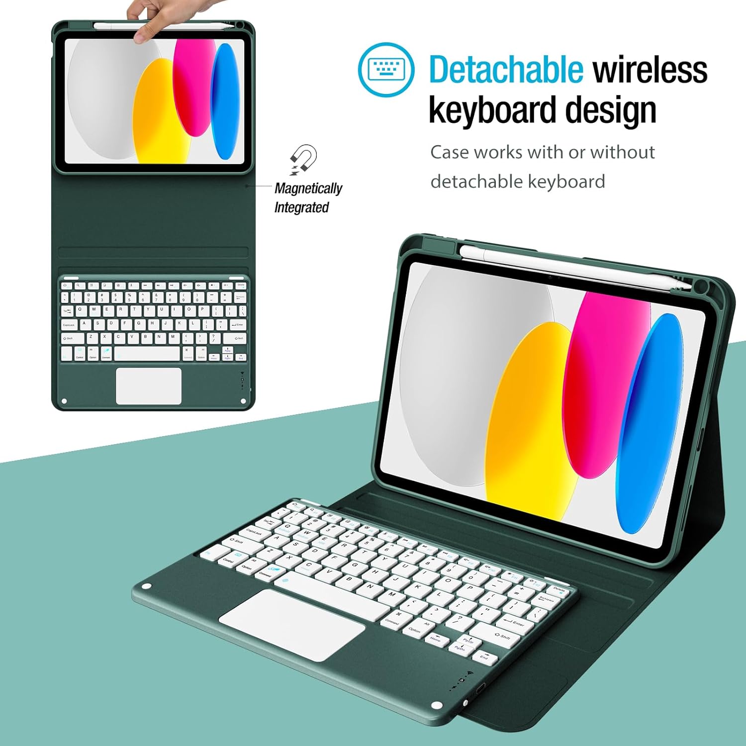 ProCase for iPad 11th (A16) / 10th Generation Case with Keyboard; Detachable Wireless Keyboard Folio Cover with Multi-Touch Trackpad for iPad 11th 2025 /10th Gen 2022 -Midnight Green