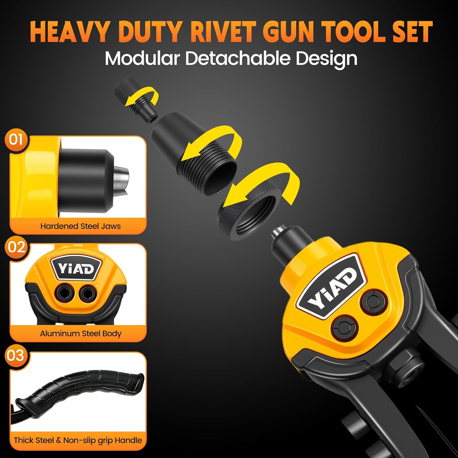 Heavy Duty Rivet Gun,Professional Pop Rivet Gun Kit with 250 Blind Rivets 10" Hand Riveter with 5 Free Interchangeable Rivet Heads 1/4 ",3/16", 1/8",3/32"Manual Riveting Tool for Metal,Gutter,Auto