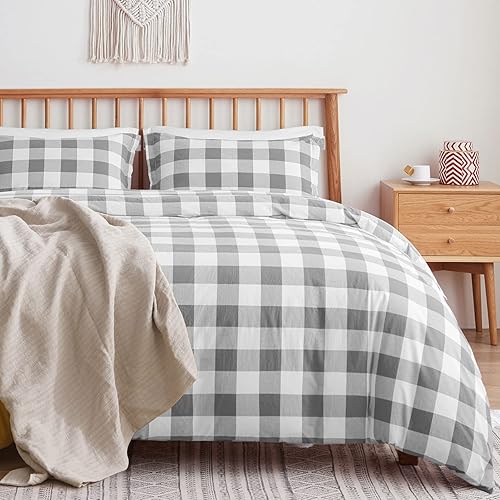Miniatura 1 de VEEYOO Juego de funda de edredón de algodón 100 % lavado a cuadros con cierre de cremallera, funda de edredón extrasuave y transpirable (cuadros de