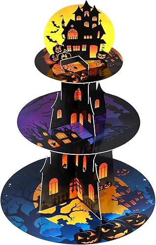 Nuenen Decoración de soporte para cupcakes para fiesta de Halloween, 3 niveles para fiesta temática de Halloween, soporte para cupcakes, torre