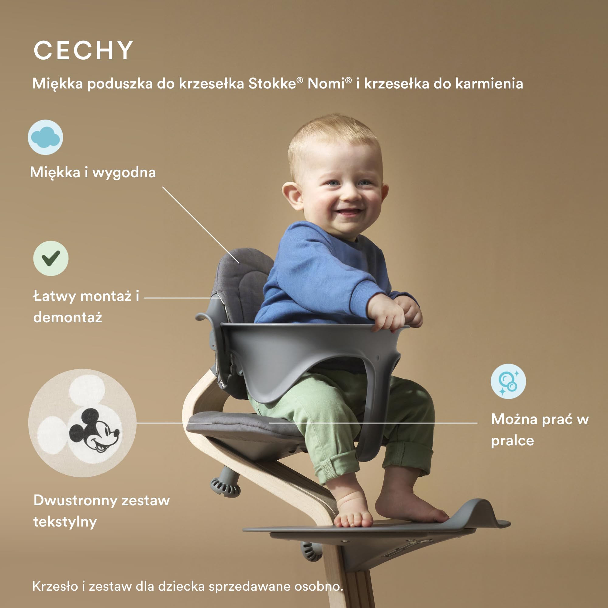 Poduszka Stokke Nomi, Mickey Signature - dodaje miękkości i wygody krzesełku Nomi i krzesełku do karmienia - dla dzieci w wieku 6+ miesięcy - można prać w pralce