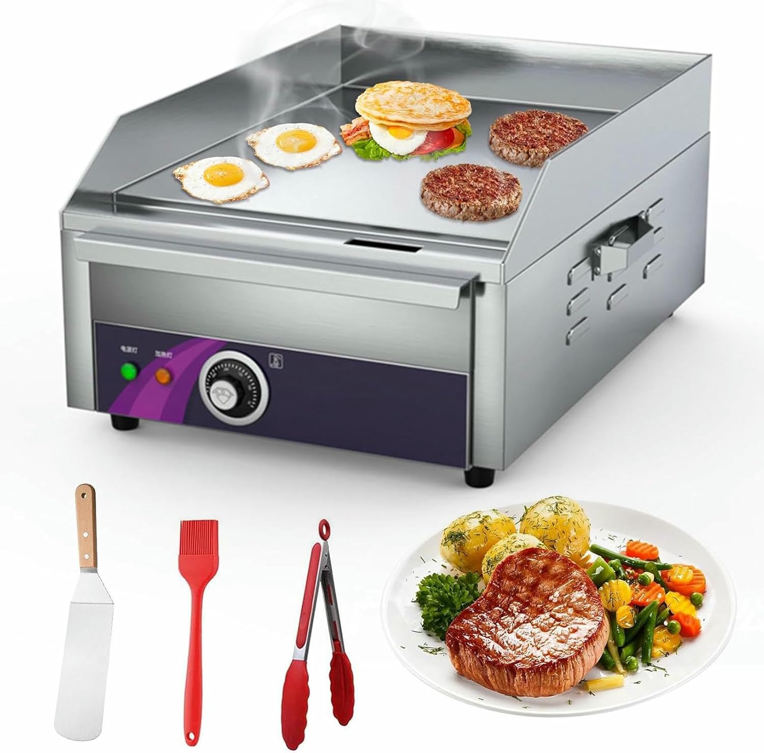 Commercial Electric Griddle 13.7" with Handle, Countertop Flat Top Griddle 2500W Non-Stick Restaurant Teppanyaki