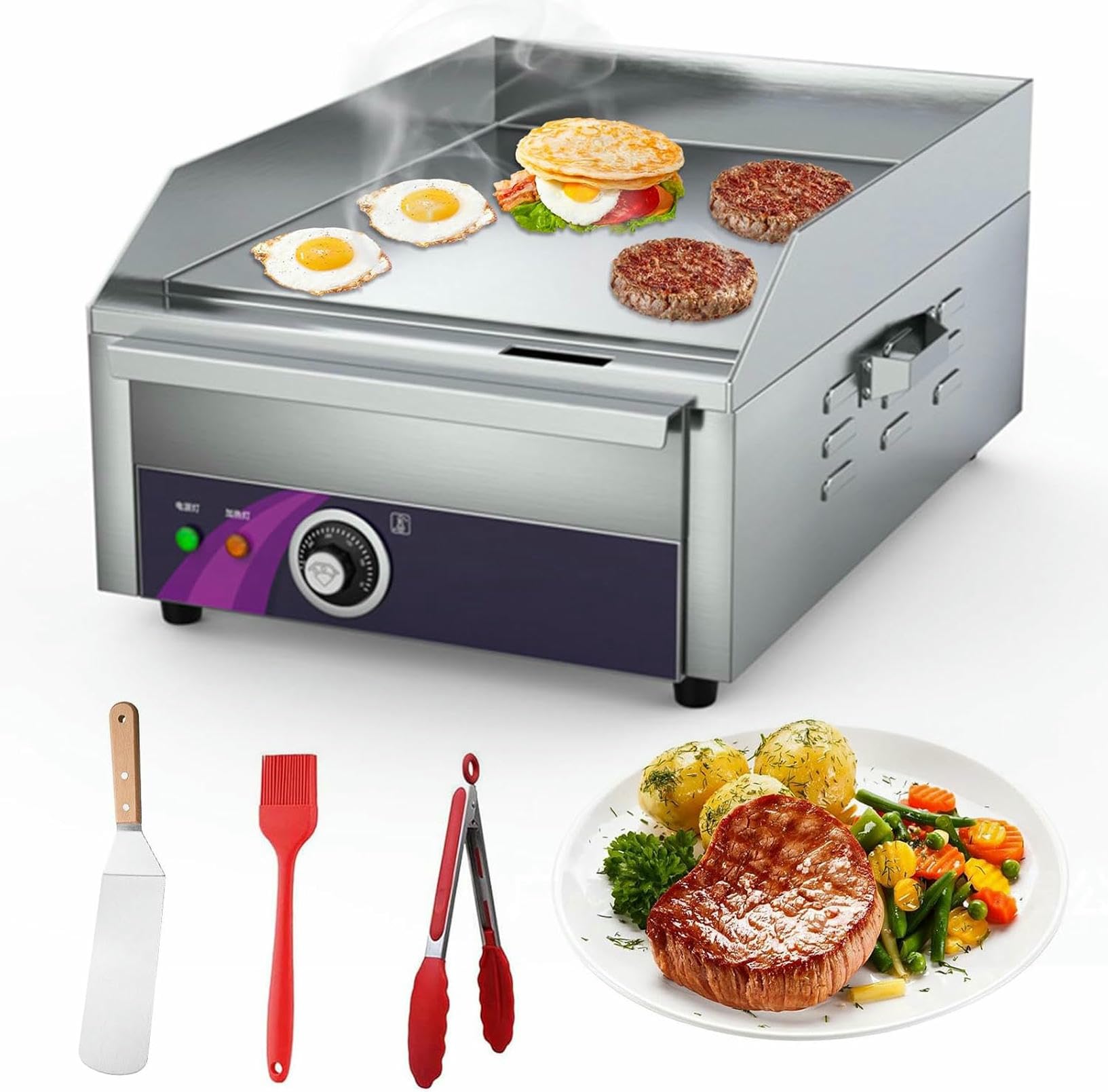 FHRKA Commercial Electric Griddle 13.7" with Handle, Countertop Flat Top Griddle 2500W Non-Stick Restaurant Teppanyaki