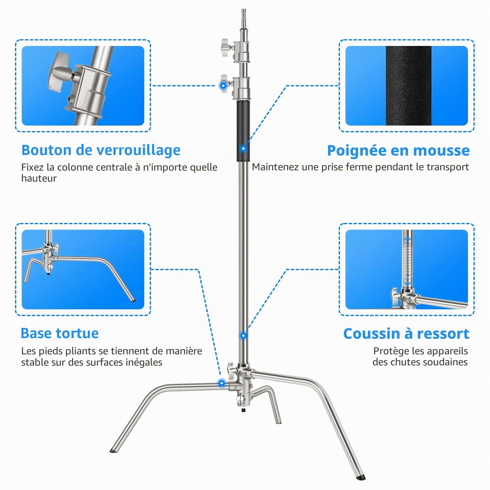 NEEWER C Stand Pro Robuste en Acier Inoxydable 100% avec Bras Boom,Hauteur Max 320cm Pour Lumière de Photographie avec Bras de Maintien de 128cm,2 Têtes de Grip pour Studio Monolight,Softbox, SC320