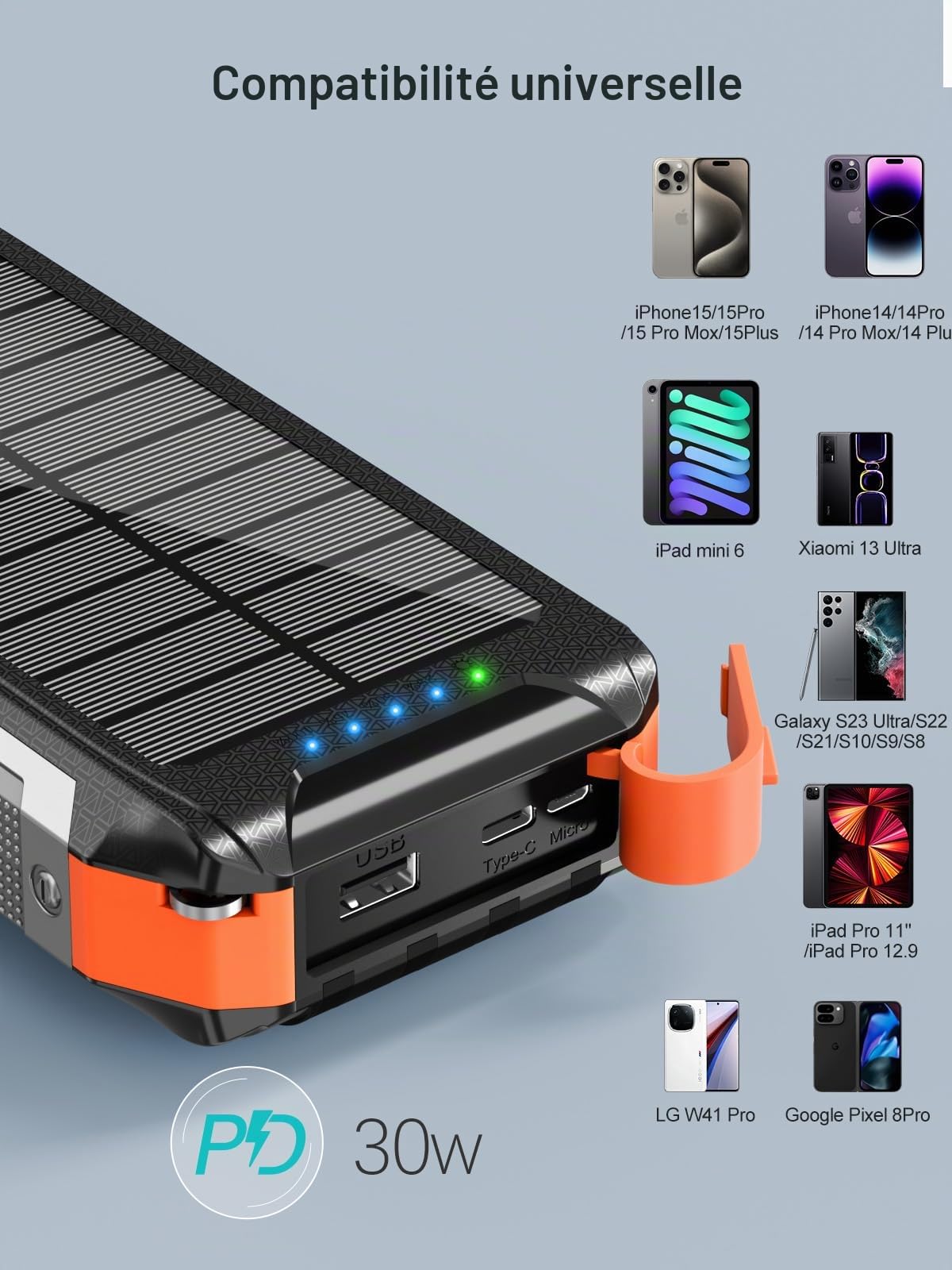 Batterie Externe Solaire Magnétique sans Fil 26800mAh avec 4 câbles intégrés,Charge Rapide Chargeur Externe USB C 30W 7 Sorties,avec SOS Lampe Torche pour Téléphones Tablettes Camping