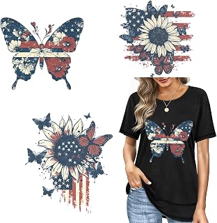 Independence Day Heat Transfer 3 Sheets USA Flag Butterfly Iron on Patches 4th of July Iron on Decals Blue Red Patriotic Heat Transfer Sticker Appliques for T-Shirts Bag DIY Crafts Fabric Decor