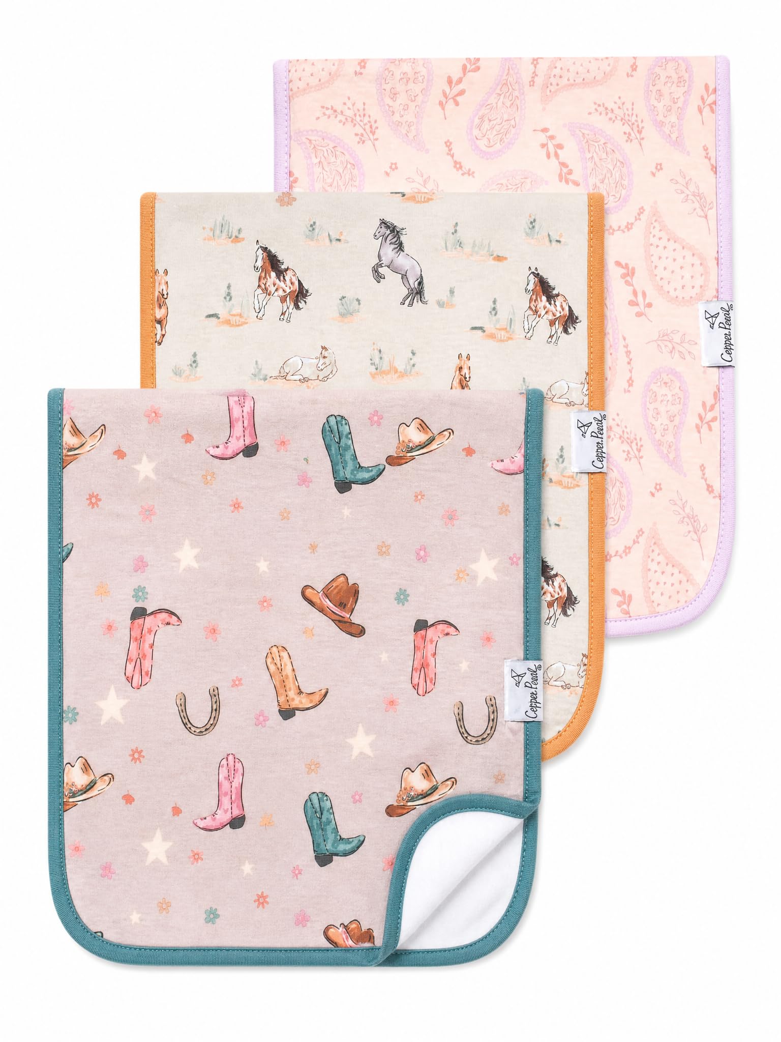 Copper Pearl Premium Baby Burp Cloths - 3-Pack Large Cotton Burp Cloths, Extra Soft Spit Up Rags with 3 Absorbent Layers, Perfect for Baby Boy and Baby Girl Gifts (21" x 10" Size, Cheyenne Set)