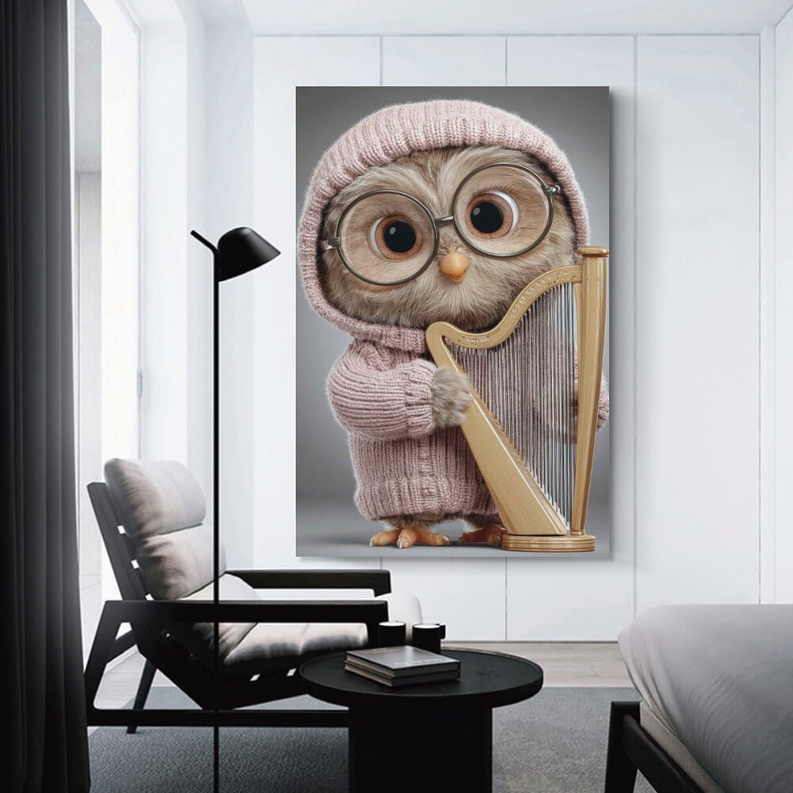 Junmoney Owl with Harp Canvas Wall Picture 08x12inch(20x30cm), for Entryway, Lounge Links Or Small Walls, Decorative Canvas Styling for Entry Areas