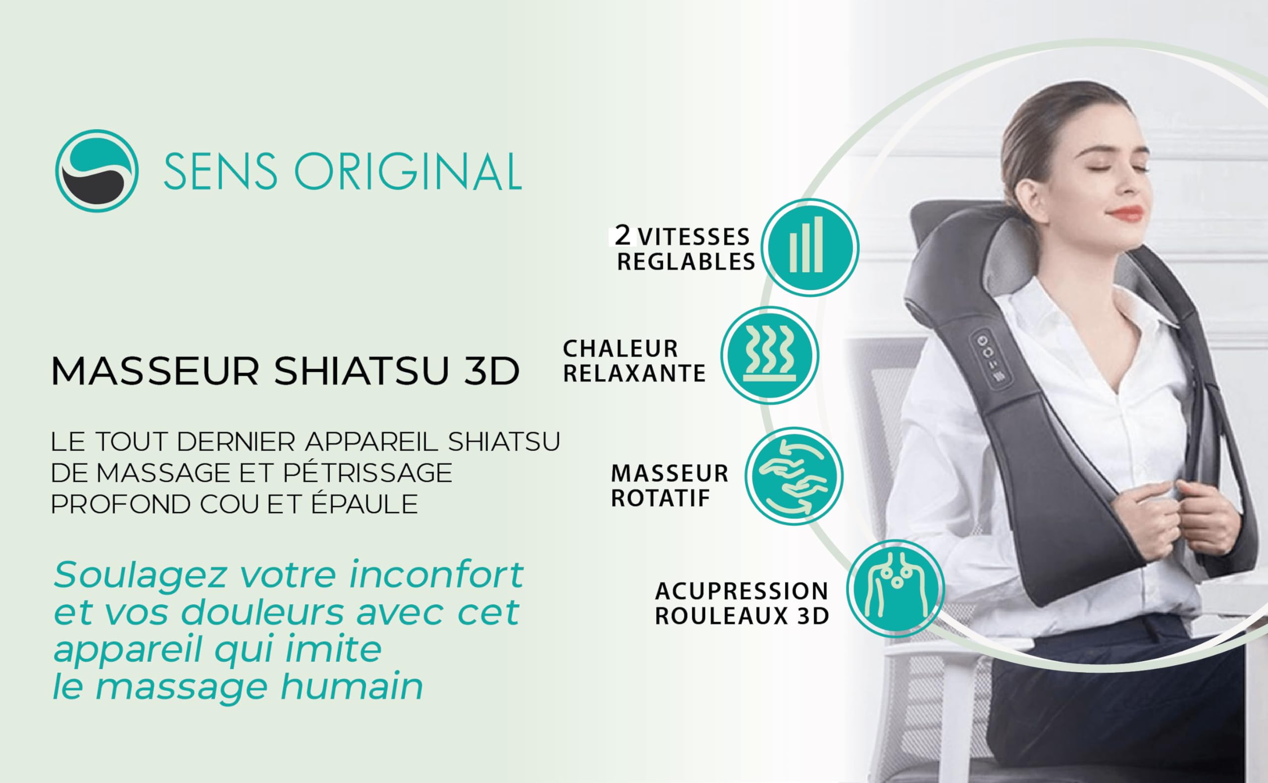 Aparato de masaje multiusos y ergonómico shiatsu para calentar cuello/nuca/hombros/cervicales/trapecio