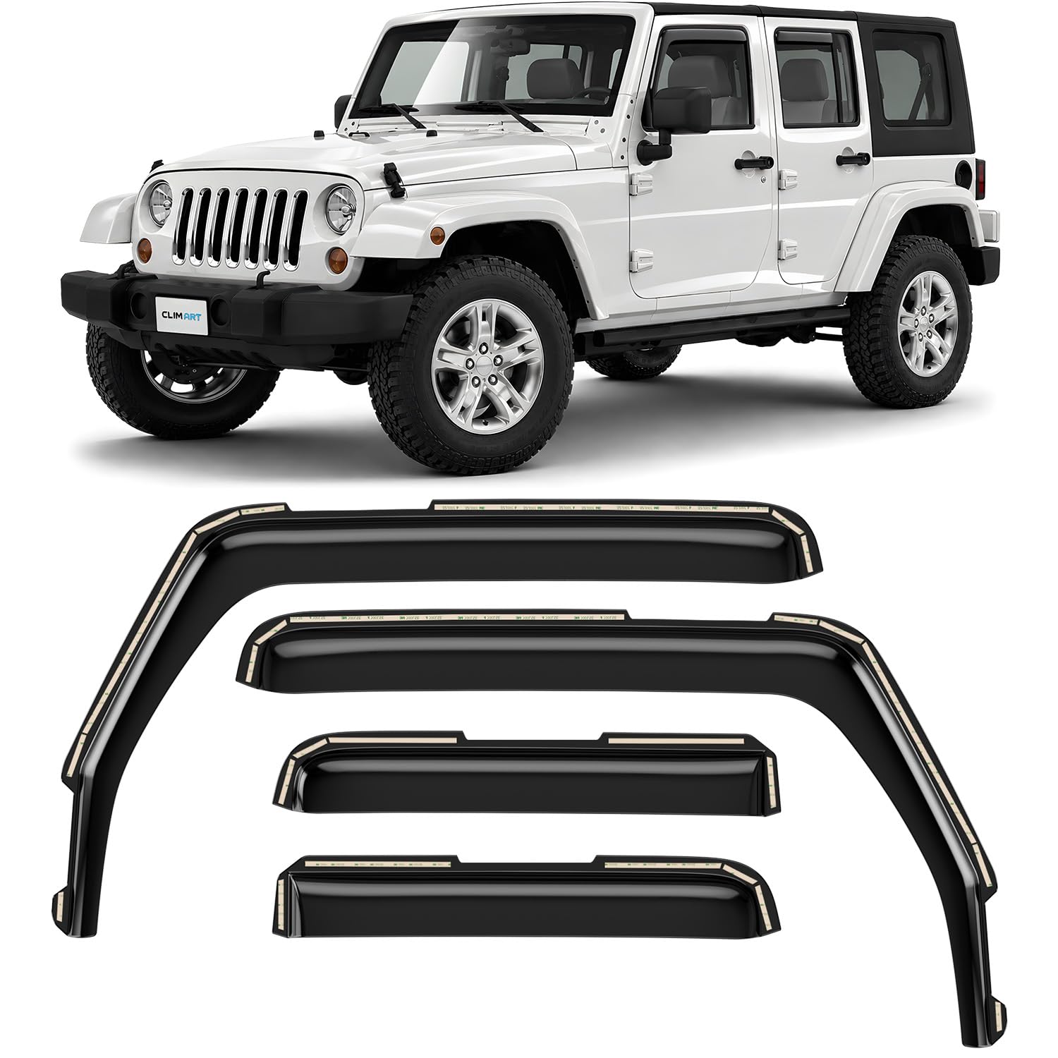CLIM ART in-Channel Incredibly Durable Rain Guards for Jeep Wrangler JK 2007-2018, Original Window Deflectors, Vent Window Visors, Vent Deflector, 4 pcs. - 607169