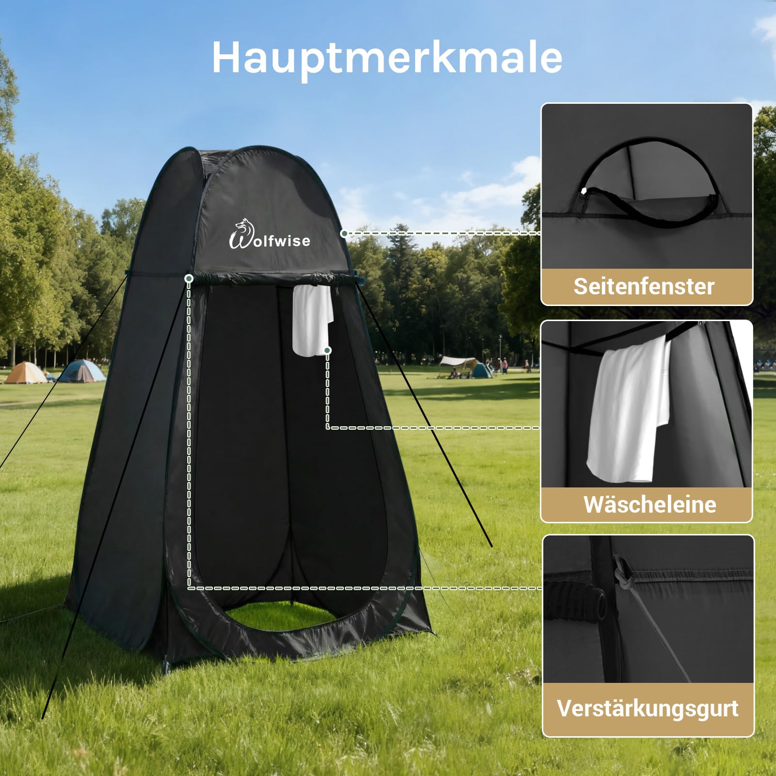 WolfWise Pop-Up Duschzelt Camping & Umkleidezelt – Kompakt & Leicht 2kg mit Tasche, Schneller Aufbau, WC- und Privatzelt, Wasserfest, UV-Schutz, Outdoor, Strand, Wandern, 1,9m/2,1m, Schwarz/Grün/Blau
