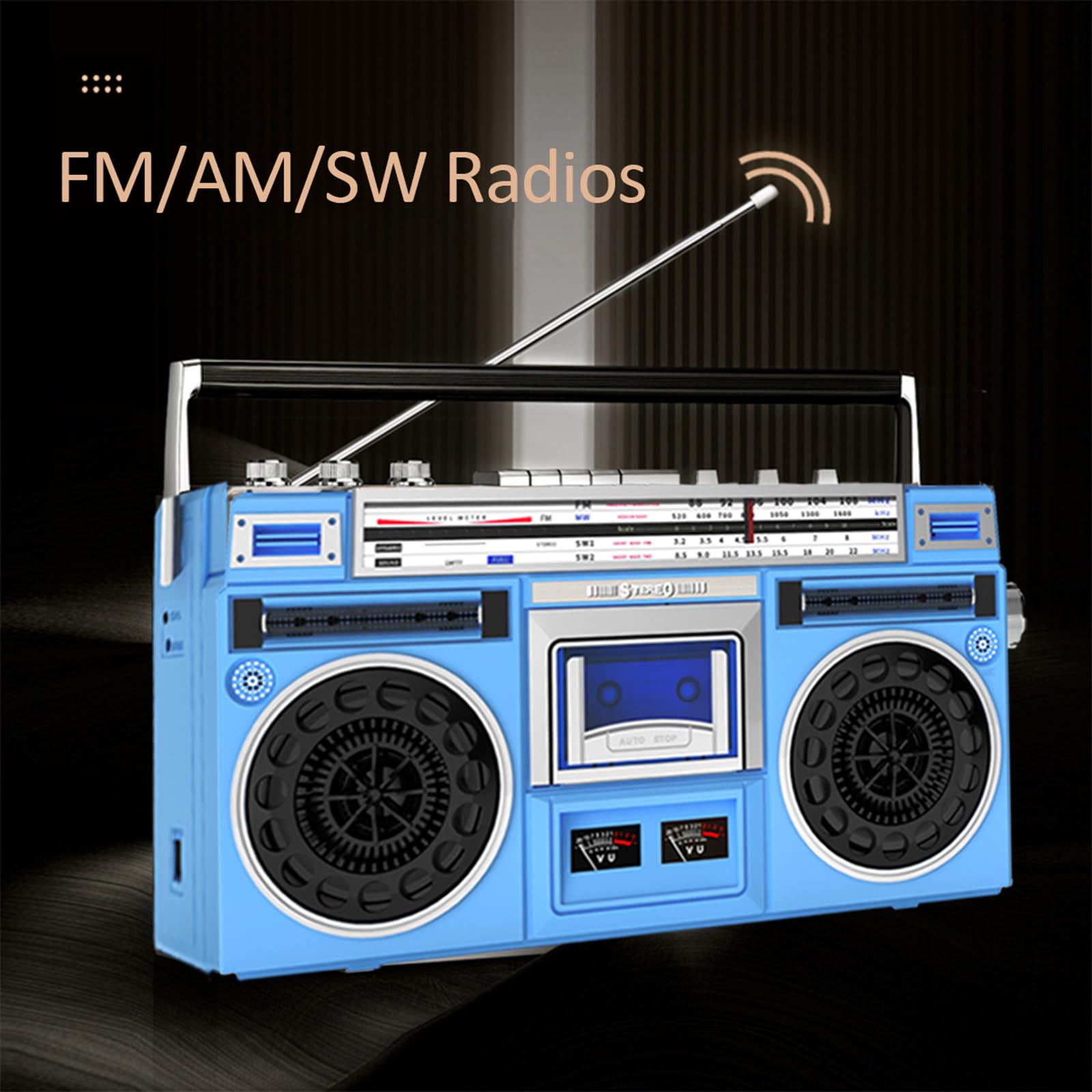 Boombox portatile con lettore di cassette Bluetooth con radio AM/FM/SW, registratore a nastro, supporto USB, jack per cuffie, suono stereo completo