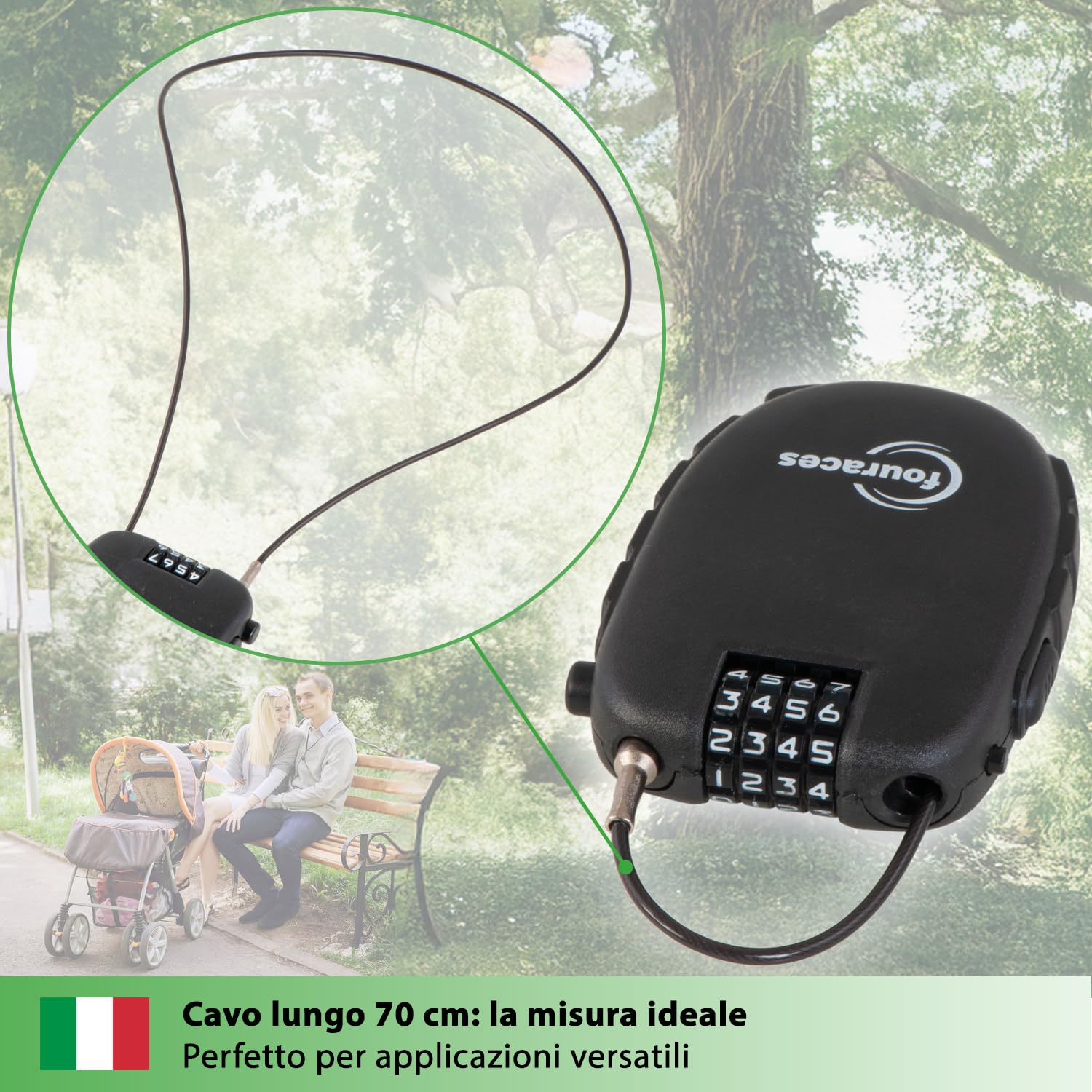 fouraces lucchetto con cavo retrattile 70 cm, lucchetti a combinazione a 4 cifre, antifurto per bicicletta, scooter, biciclette, sci, casco, moto