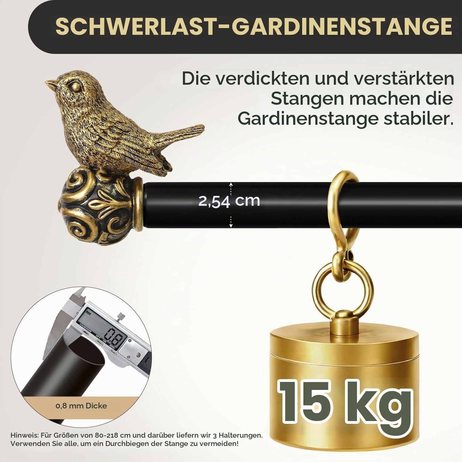 Gardinenstange Gold Antik 80-365cm Metall Ausziehbare Vintage | Ø25mm Lang Vorhangstange Wandmontage mit Vogel-Endstücken und Halterungen für Wohnzimmer Schlafzimmer Küche Terrasse Fenster