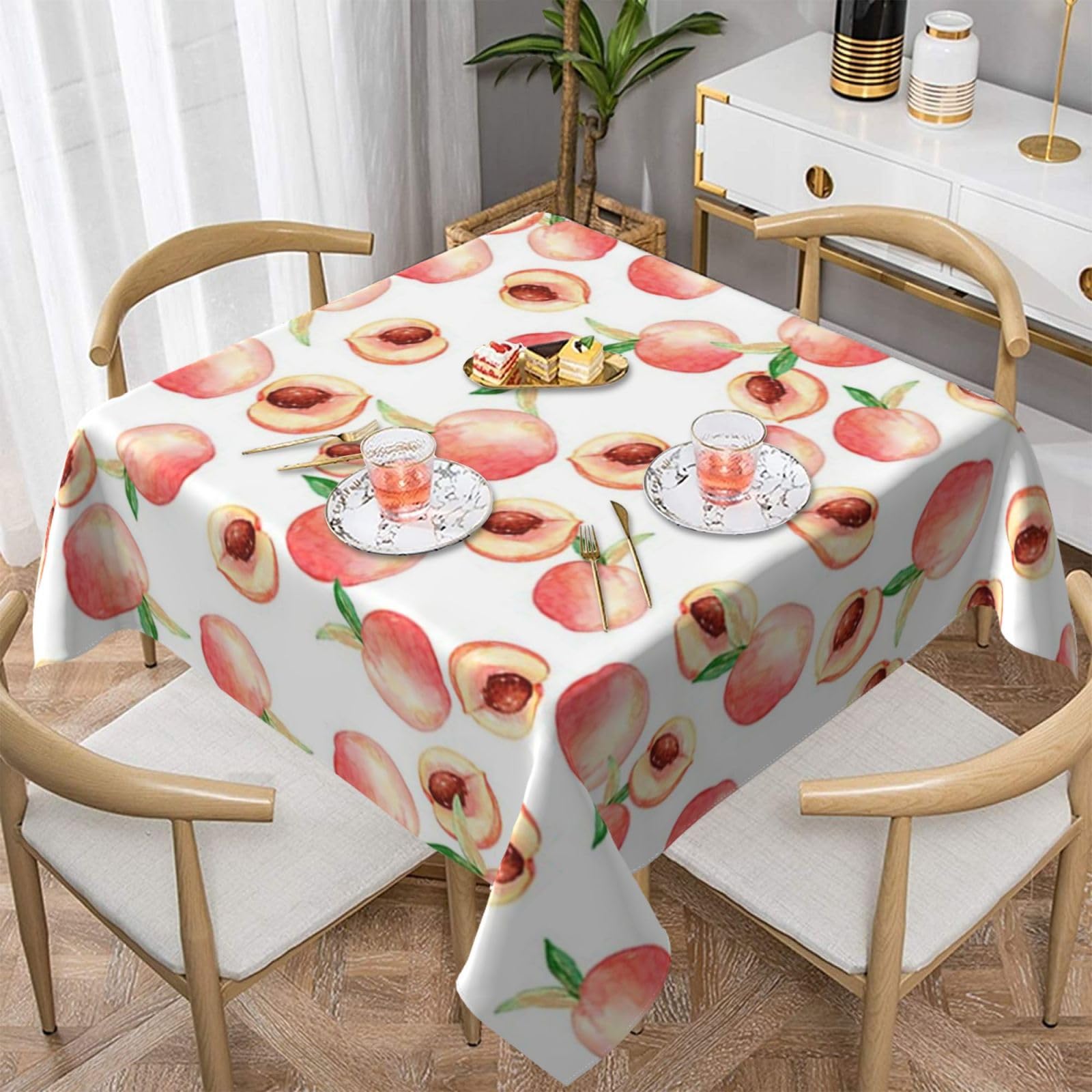 DCEHGEW Watercolor Peach Prints Square Tablecloth 152x152 CM, Waterproof Fabric Table Cloth for Dining Table, Farmhouse Table Cover for Kitchen Dining Tabletop Decoration