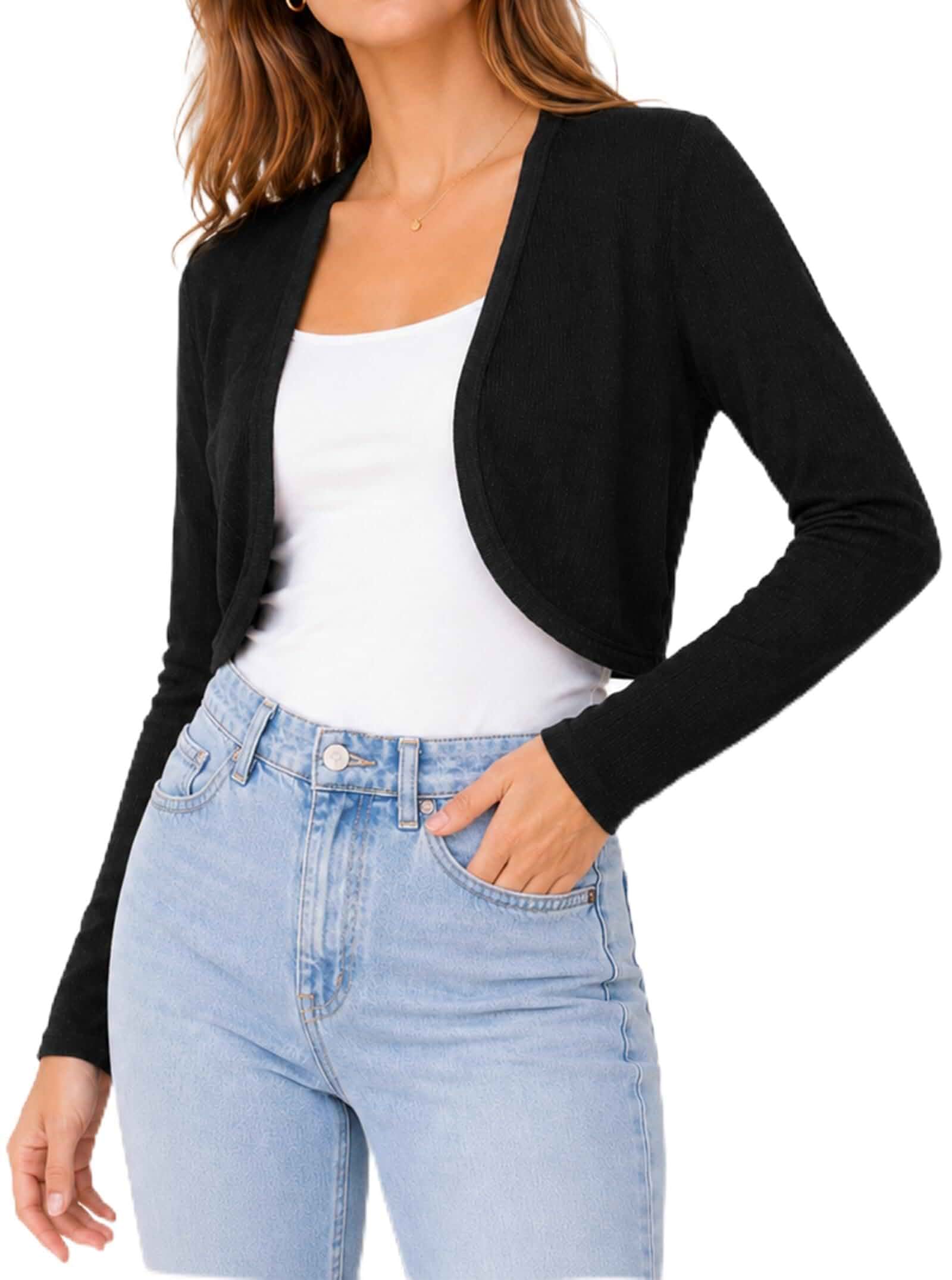 Remidoo Women Cropped Cardigan Long Sleeve Bolero Shrug Open Front Top Loose，Crop Jacket, Solid, Beach, Vacation, Lightweight, Cover Up, Going Out Tops
