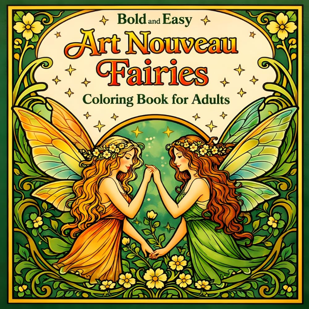 Bold and Easy Art Nouveau Fairies: Coloring Book for Adults with Magical Creatures and Floral Fantasy Designs