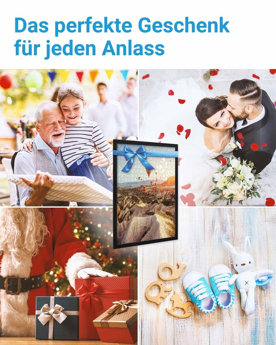 PHOTOLINI Bilderrahmen 50x70 Schwarz, Puzzle Rahmen 70x50 Holz MDF mit Acrylglas, Bilderrahmen Puzzle 1000 Teile 50x70 zum Aufhängen, Puzzlerahmen 500-1000 Teile - ideal für Galerie