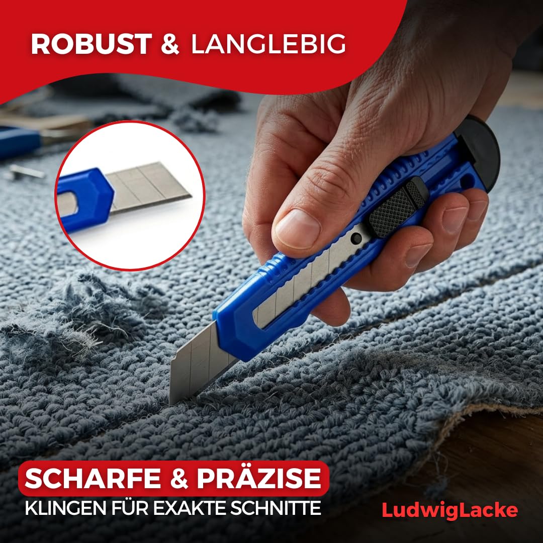 Ludwig Lacke® Cuttermesser Set [100 Stück 18 mm] – Teppichmesser [stabile Klinge 0,5 mm] – Cutter [ergonomisch rutschfest] mit Klingenvorschub Abbrechklinge Profi Messer