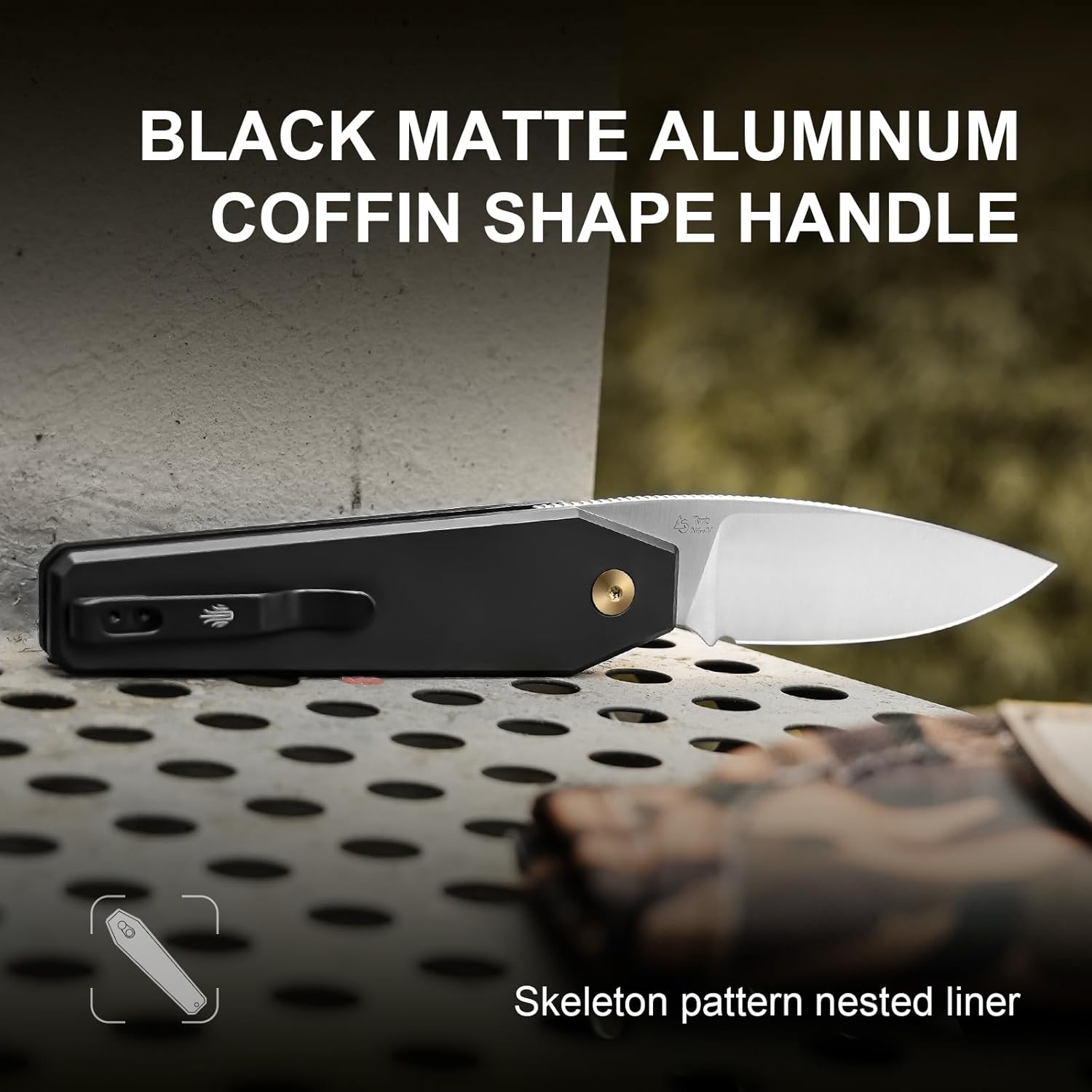 Kizer Tomb Pocket Knife, 3.21" Nitro-V Steel Blade EDC Knife with Coffin Shape Black Aluminum Handle, Front Flipper Hunting Knives for Men Women, Camping Folding Knives with Button Lock, V3692A2