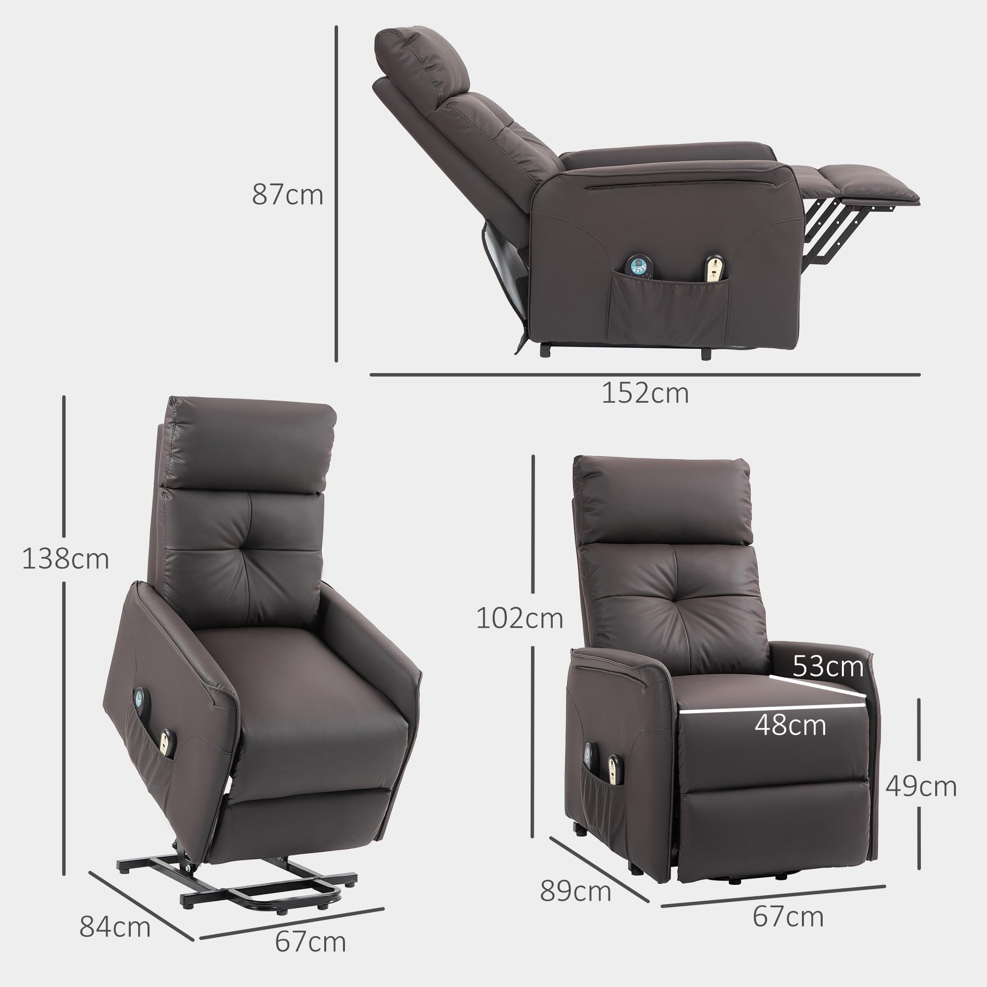 HOMCOM Poltrona Elettrica Alzapersona Reclinabile in Tessuto, Poltrona Relax Elettrica (Tessuto antigraffio (60% poliuretano, 40% poliestere), Marrone scuro, 67L x 89P x 102A cm)