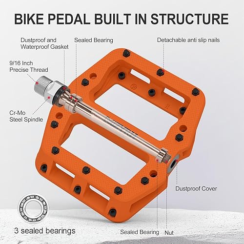 Miniatura 4 de MZYRH Pedales de bicicleta de montaña de 916 pulgadas, 3 rodamientos sellados, ligeros, antideslizantes, de fibra de nailon, pedales de plataforma