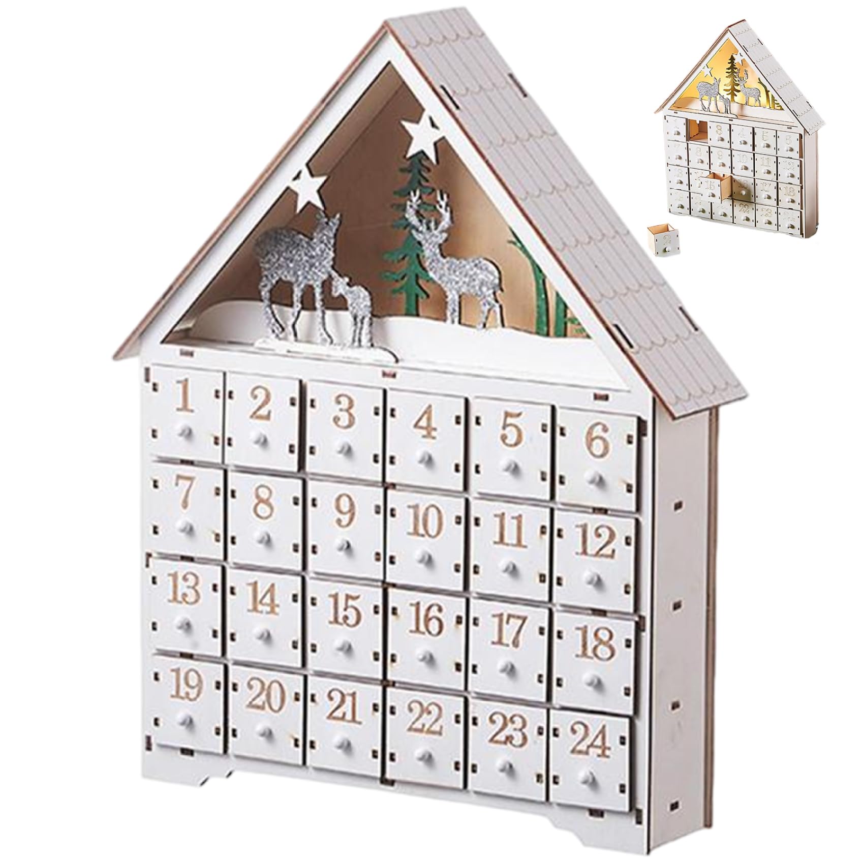 Calendario dell'Avvento in legno con cassetti e luci a LED Conto alla rovescia per 24 giorni Calendari dell'Avvento vuoti da riempire per decorazioni natalizie Calendario vuoto