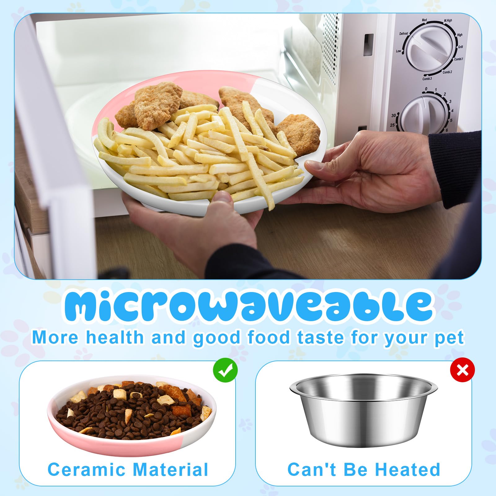 Keramik-Katzennäpfe Set Mit Fischgräten- Und Pfoten-Muster – 4 Schalen Mit Rutschfesten Pads – 15 Cm Breit, Flaches Design