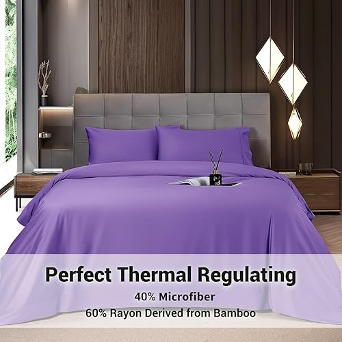 Miniatura 2 de Shilucheng Juego de sábanas tamaño matrimonial de 6 piezas, sábanas refrescantes, mezcla de rayón derivado de bambú, bolsillo profundo de hasta 16