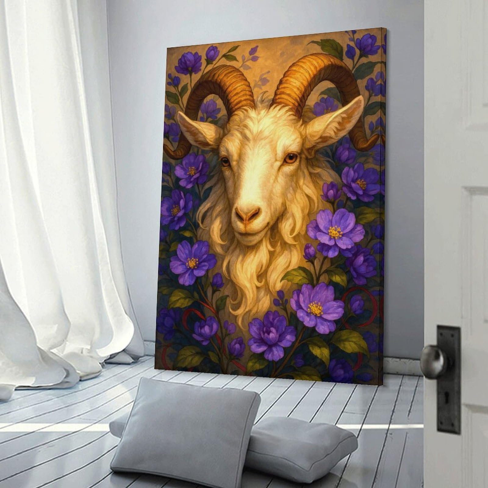 Junmoney Ram Portrait with Purple Flowers Canvas Art Print, 16x24inch(40x60cm), for Restful Interiors, Bedrooms Or Small Rooms, A Warm Accent for Relaxed Interiors