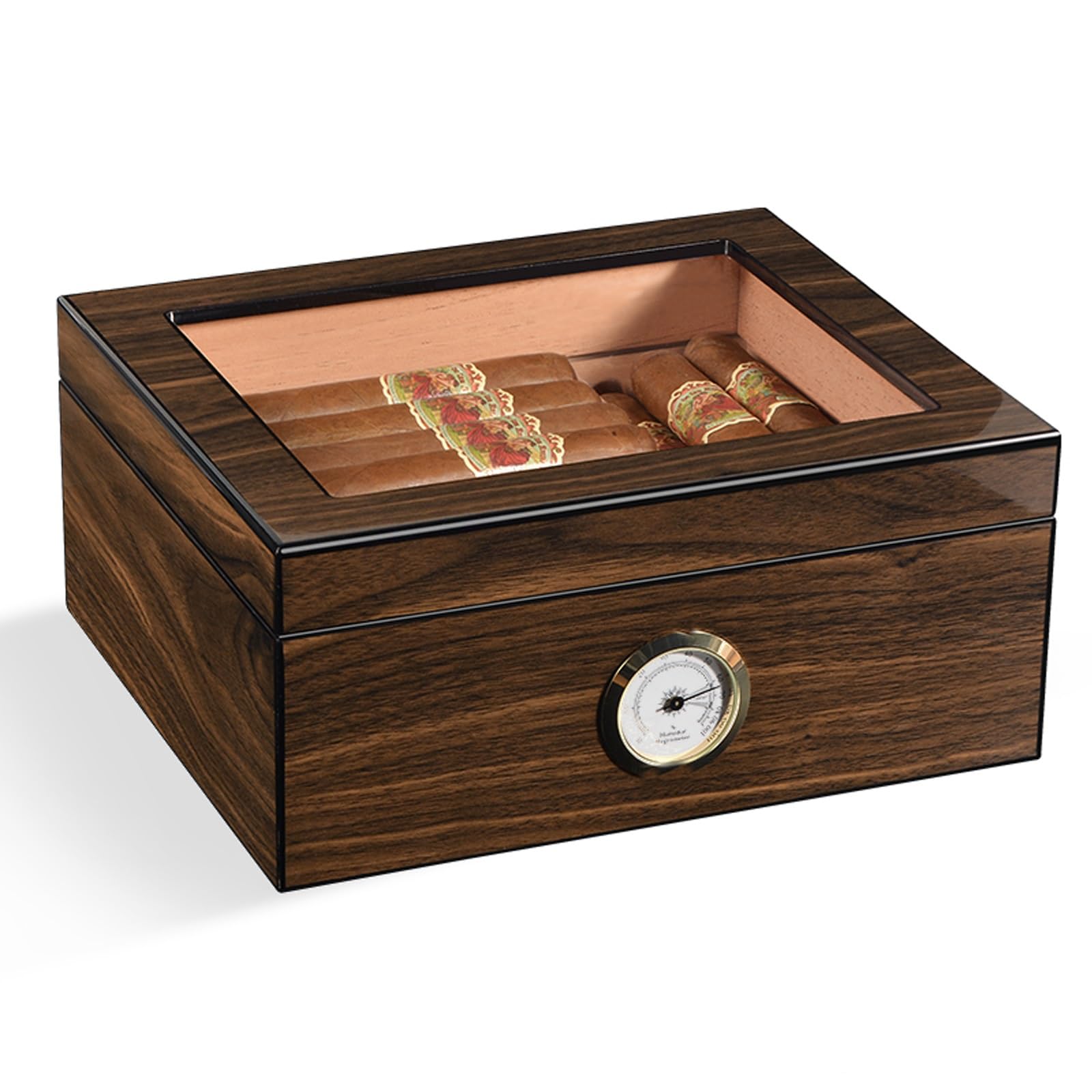 Generico Cigar Humidor Cedar Box with Glass Top, Digital Hygrometer And Humidifier, Holds 25-50 Cigars, Desktop Storage Solution for Enthusiasts
