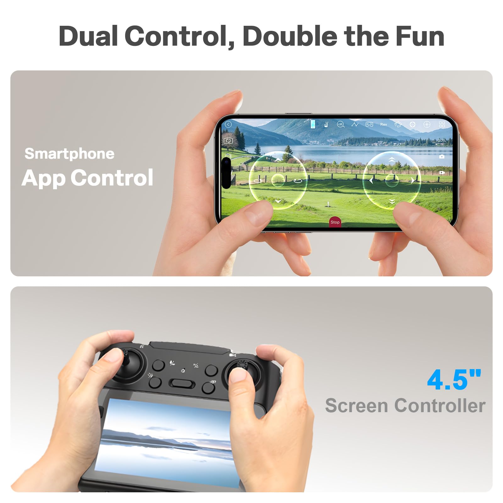 Drone per bambini con telecamera e telecomando con schermo da 4.5" – Drone RC per principianti con motore brushless, volo stazionario con flusso ottico, decollo con un tasto, video FPV, 2